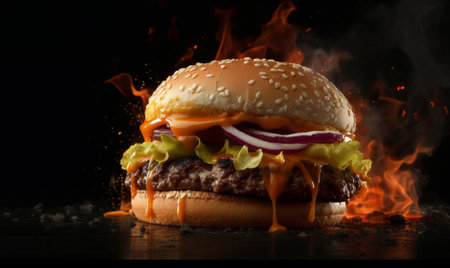 Big and tasty cheeseburger. Tempting and delicious. Dark background. AI Generative.の素材