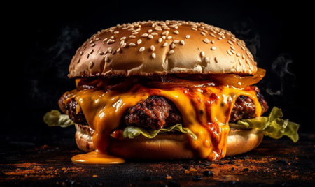 Big and tasty cheeseburger. Tempting and delicious. Dark background. AI Generative.の素材
