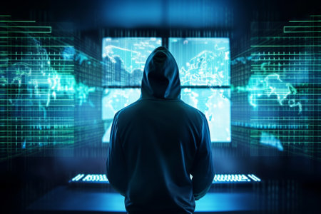Illustration of threat actor attempted to launch a cyber attack. Anonymous hacker in data center. Implanted malware and ransomware. Generative AIの素材