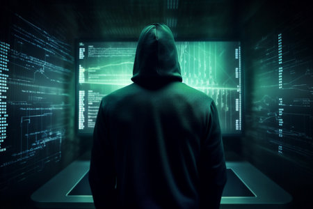 Illustration of threat actor attempted to launch a cyber attack. Anonymous hacker in data center. Implanted malware and ransomware. Generative AIの素材