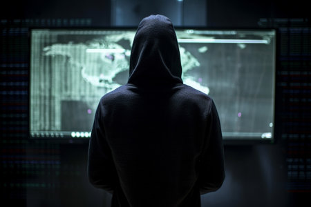 Illustration of threat actor attempted to launch a cyber attack. Anonymous hacker in data center. Implanted malware and ransomware. Generative AIの素材