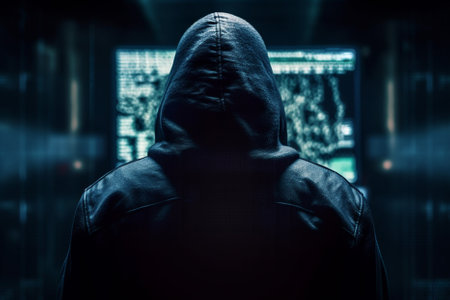 Illustration of threat actor attempted to launch a cyber attack. Anonymous hacker in data center. Implanted malware and ransomware. Generative AIの素材