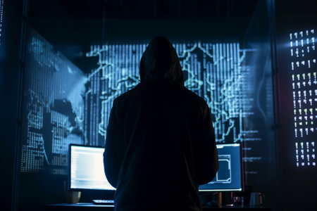 Illustration of threat actor attempted to launch a cyber attack. Anonymous hacker in data center. Implanted malware and ransomware. Generative AIの素材
