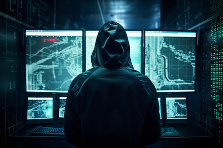 Illustration of threat actor attempted to launch a cyber attack. Anonymous hacker in data center. Implanted malware and ransomware. Generative AIの素材