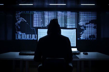 Illustration of threat actor attempted to launch a cyber attack. Anonymous hacker in data center. Implanted malware and ransomware. Generative AIの素材