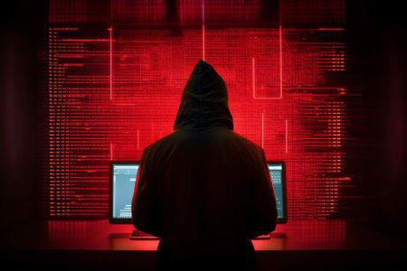 Illustration of threat actor attempted to launch a cyber attack. Anonymous hacker in data center. Implanted malware and ransomware. Generative AIの素材