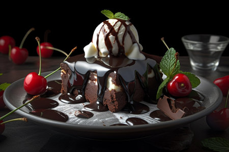 Vanilla ice cream scoop with chocolate sauce, sorbet, syrup or sherbet, cherry and mint. Delicious dessert menu. AI Generative.の素材