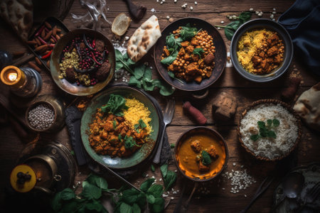 variety of traditional indian dishes on a table in the style of vibrant imagery. Flat lay style. Generative AI.の素材