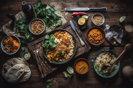 variety of traditional indian dishes on a table in the style of vibrant imagery. Flat lay style. Generative AI.の素材