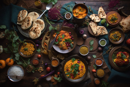 variety of traditional indian dishes on a table in the style of vibrant imagery. Flat lay style. Generative AI.の素材