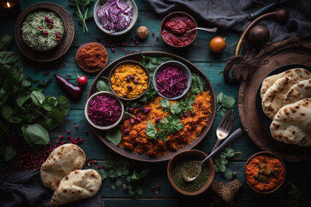 variety of traditional indian dishes on a table in the style of vibrant imagery. Flat lay style. Generative AI.の素材
