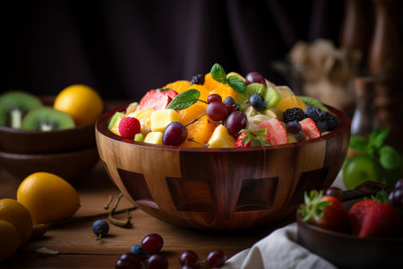 Fresh fruit salad in a wooden bowl on a dark background. Selective focus.の素材