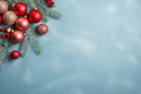 Christmas composition. Gifts, fir tree branches, red decorations on white background. Christmas, winter, new year concept. Flat lay, top view. AI Generative.の素材