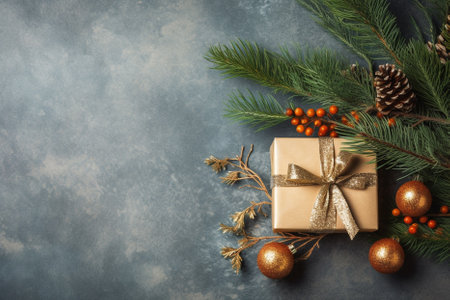 Christmas composition. Gifts, fir tree branches, red decorations on white background. Christmas, winter, new year concept. Flat lay, top view. AI Generative.の素材