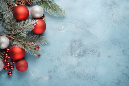 Christmas composition. Gifts, fir tree branches, red decorations on white background. Christmas, winter, new year concept. Flat lay, top view. AI Generative.の素材