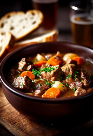 Traditional Irish stew in a bowl with bread. Stew of lamb, potatoes, onions, carrots, and thyme. Traditional dish of St. Patrick's Day. AI Generative.の素材