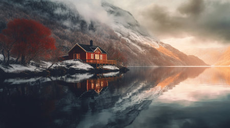 beautiful landscape of typical red and colorful cottage of the Norwegian culture and architecture in Norway. AI Generative.の素材