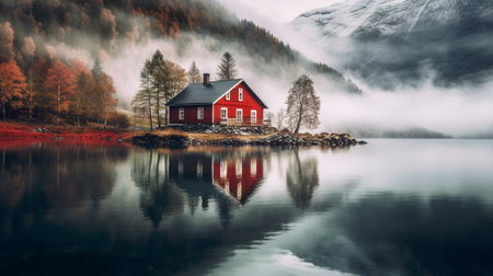 Beautiful landscape of  typical red and colorful cottage of the Norwegian culture and architecture in Norway. AI Generative.の素材