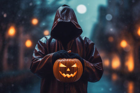 faceless hooded figure holding a large halloween pumpkin with a graveyard scene. Halloween Background, halloween art, dark art. Generative AI ..の素材