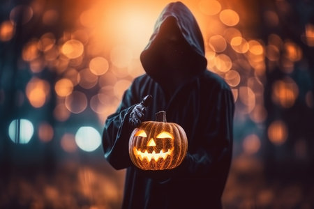 faceless hooded figure holding a large halloween pumpkin with a graveyard scene. Halloween Background, halloween art, dark art. Generative AI ..の素材