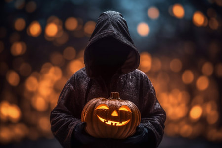 faceless hooded figure holding a large halloween pumpkin with a graveyard scene. Halloween Background, halloween art, dark art. Generative AI ..の素材