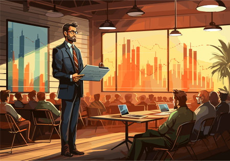 Vector illustration of a man performing a business case presentation to the audience. Sales, marketing, profit and loss performance concept.のイラスト素材