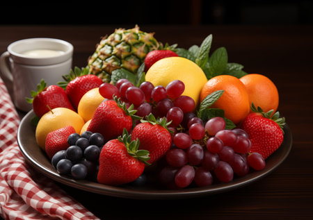Plate with fresh fruits on dark wooden background. Selective focus. Generative AIの素材