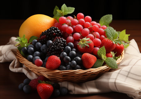 Basket with different berries on wooden table, closeup. Healthy food. Generative AIの素材