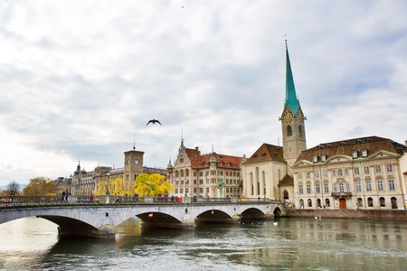 Historical buildings near the river and bridgeの素材