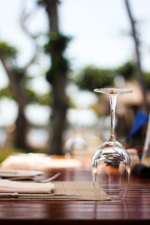 empty glass of vine on table with tree backgroundの写真素材