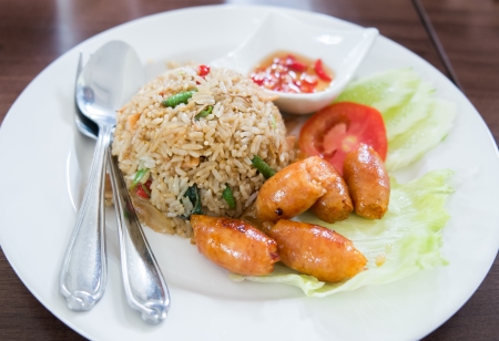 fried rice with thai sour sausage and fish sauceの写真素材
