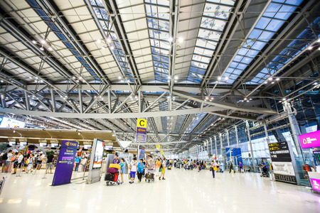 BANGKOK, THAILAND - AUG 16,2015: Passengers travel inside Suvarnabhumi International Airport which serves as regional gateway and connecting point for various foreign carriers.のeditorial素材