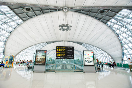 BANGKOK, THAILAND - AUG 16,2015: Passengers travel inside Suvarnabhumi International Airport which serves as regional gateway and connecting point for various foreign carriers.のeditorial素材