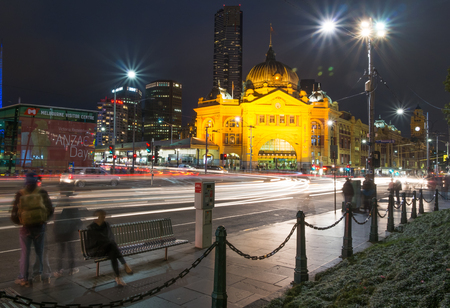 Flinders Station, landmark of Melbourne, Australia at night, long exposureのeditorial素材