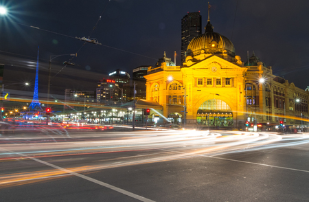 Flinders Station, landmark of Melbourne, Australia at night, long exposureのeditorial素材