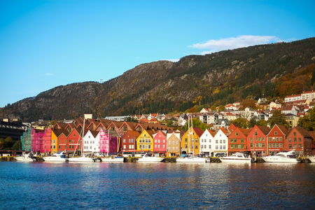 Bryggen, the old wharf and landmark of Bergen, Norway in a sunny day -popular tourist atrractionのeditorial素材