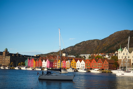 Bryggen, the old wharf and landmark of Bergen, Norway in a sunny day -popular tourist atrractionのeditorial素材