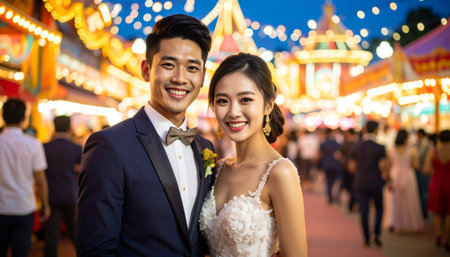Beautiful asian bride and groom on the background of parkの素材
