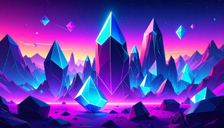 Polygonal landscape with mountains and crystals. Vector illustration in neon styleの素材