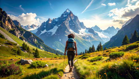 Hiking woman with backpack on the trailの素材