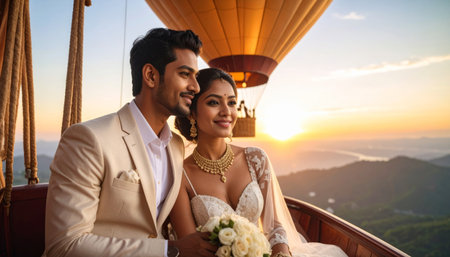 Beautiful bride and groom on the background of a hot air balloonの素材