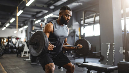 Muscular african american man lifting dumbbells in gymの素材