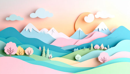 Paper art style of landscape with mountains, forest and sky. Paper art style.の素材