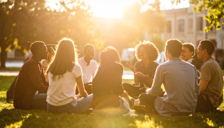 Group of diverse students sitting on the grass in a park at sunsetの素材