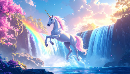Unicorn and waterfall. Fantasy illustration. 3D rendering.の素材
