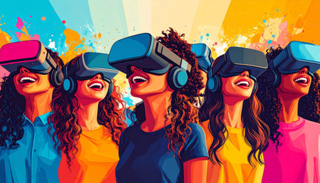 Vector illustration of a group of young people with virtual reality glasses.の素材