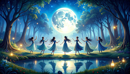 Fairy tale scene in the forest with full moon. 3d renderingの素材