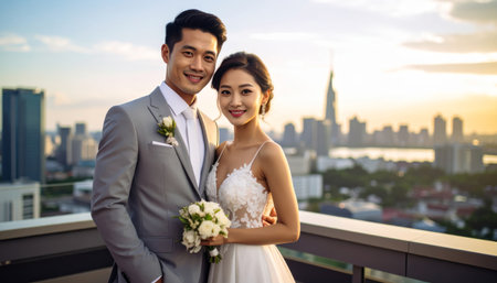Bride and groom standing on the roof of a skyscraper in the cityの素材