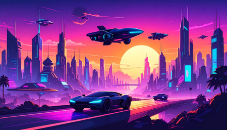 Futuristic city landscape with cars and flying saucers. Vector illustrationの素材