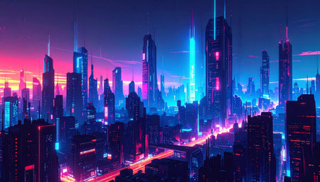 Futuristic city at night with neon lights, 3d renderingの素材